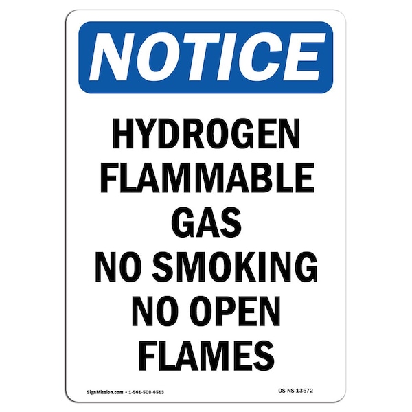 Safety Sign, OSHA Notice, 24" Height, Hydrogen Flammable Gas No Smoking Sign, Portrait